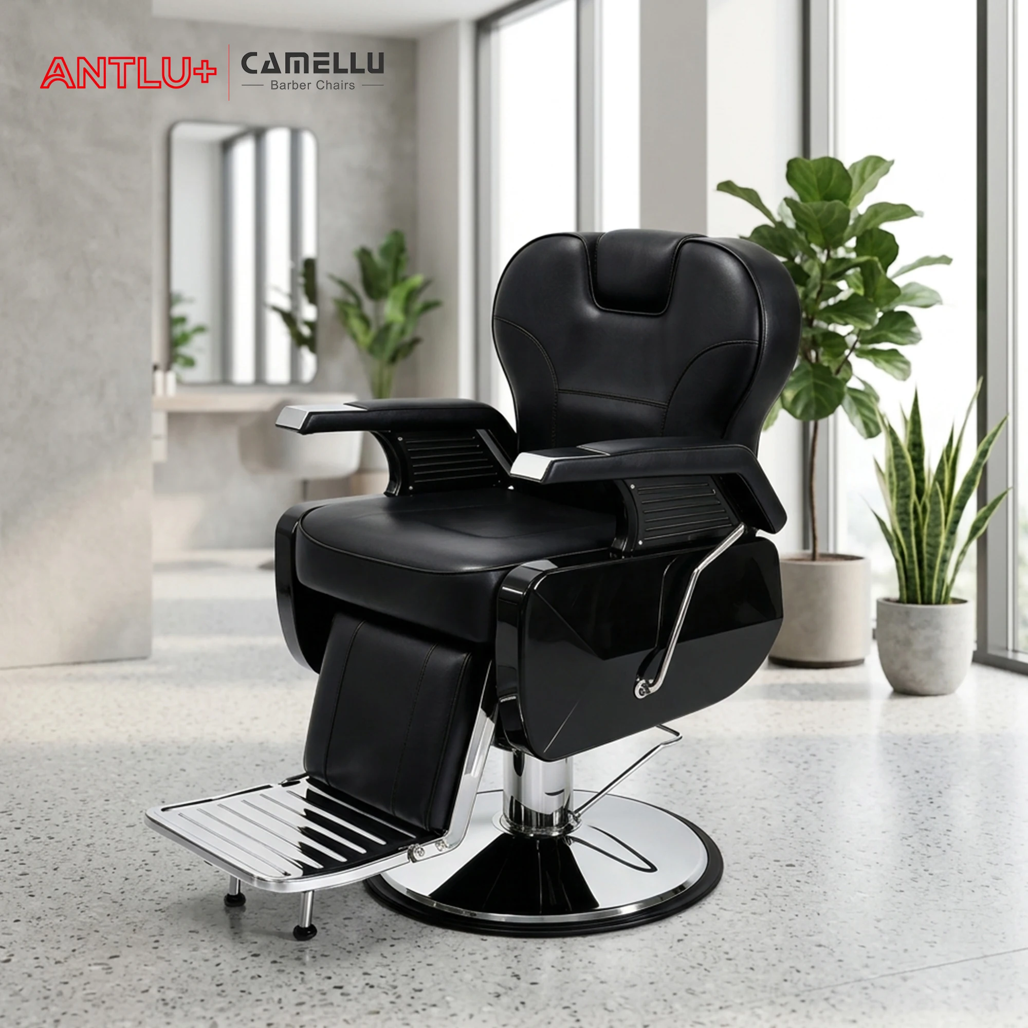 Black Modern Hairdresser Chair Black Footrest Reclining Heavy Duty Comfortable Stylish Barber Chair For Hair Salon