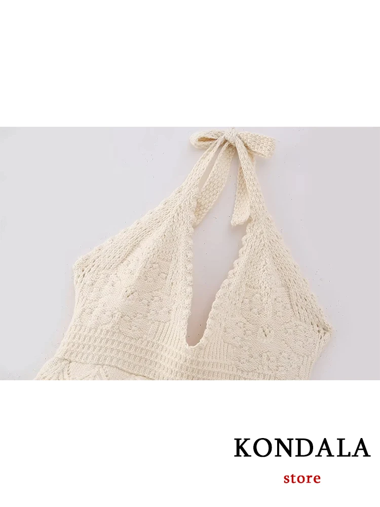 KONDALA Y2K Halter Beige Lace Tops Women Beige Patchwork Knitted Mesh Loose Tops Fashion 2023 Summer V Neck Tank Tops Women