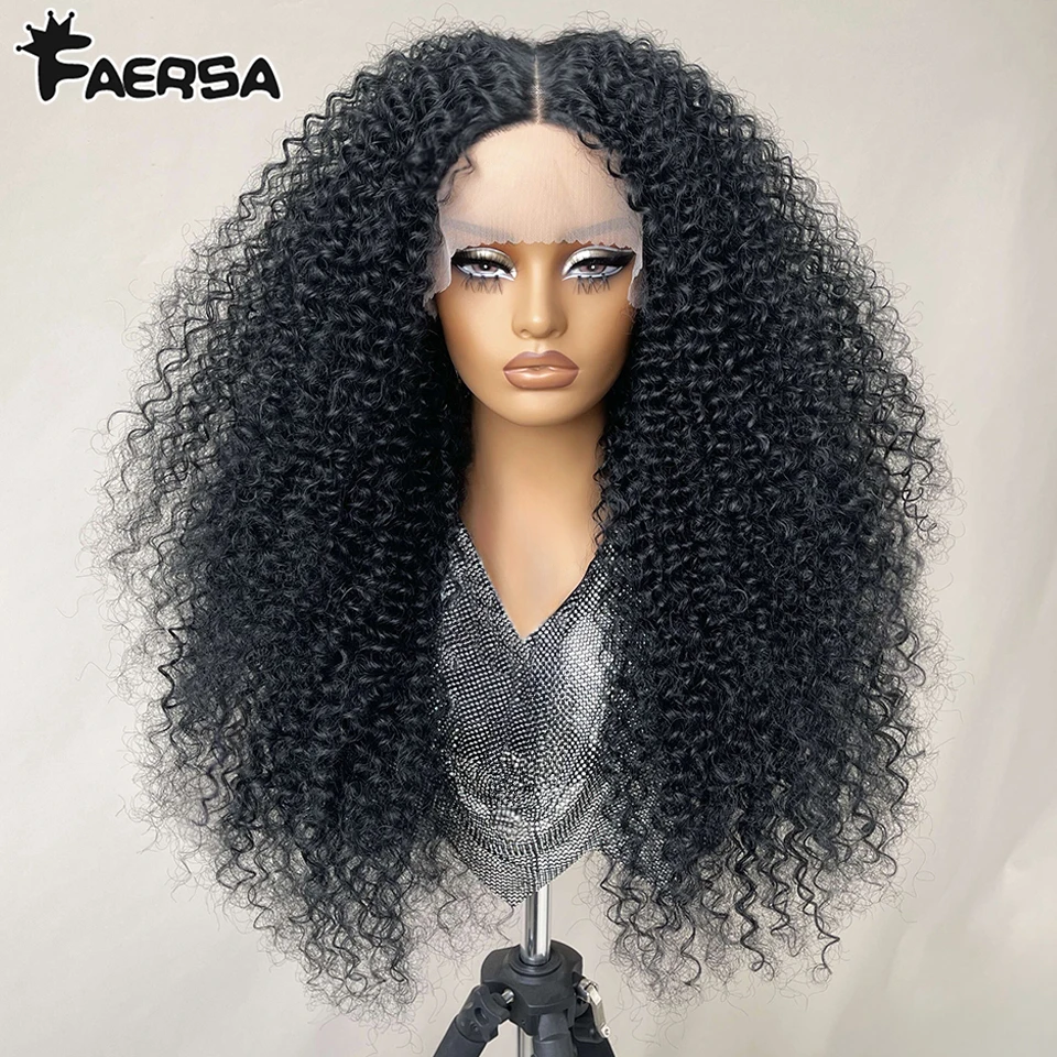 

Kinky Curly Synthetic Lace Front Wigs 24" Jerry Curl Black Blend Hair Pre Plucked Latisha T-Part Lace Frontal Wig For Woman