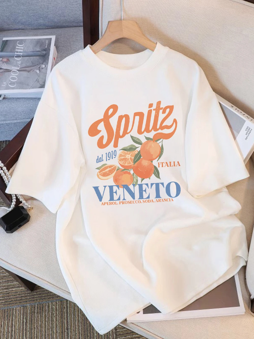 ฤดูร้อนเสื้อยืดผ้าฝ้ายสตรี Spritzy Veneto ตลกผลไม้สีส้มพิมพ์แขนสั้น Tees นุ่มหลวม O-คอ Tops Basic เสื้อผ้า