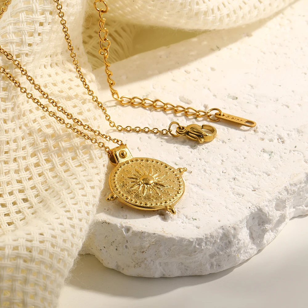 E.B.belle Frosted Surface Acient Sun Compass Pendant Necklace For Woman Ladies New Stee PVD Plated Coin Necklace Gold Jewelry