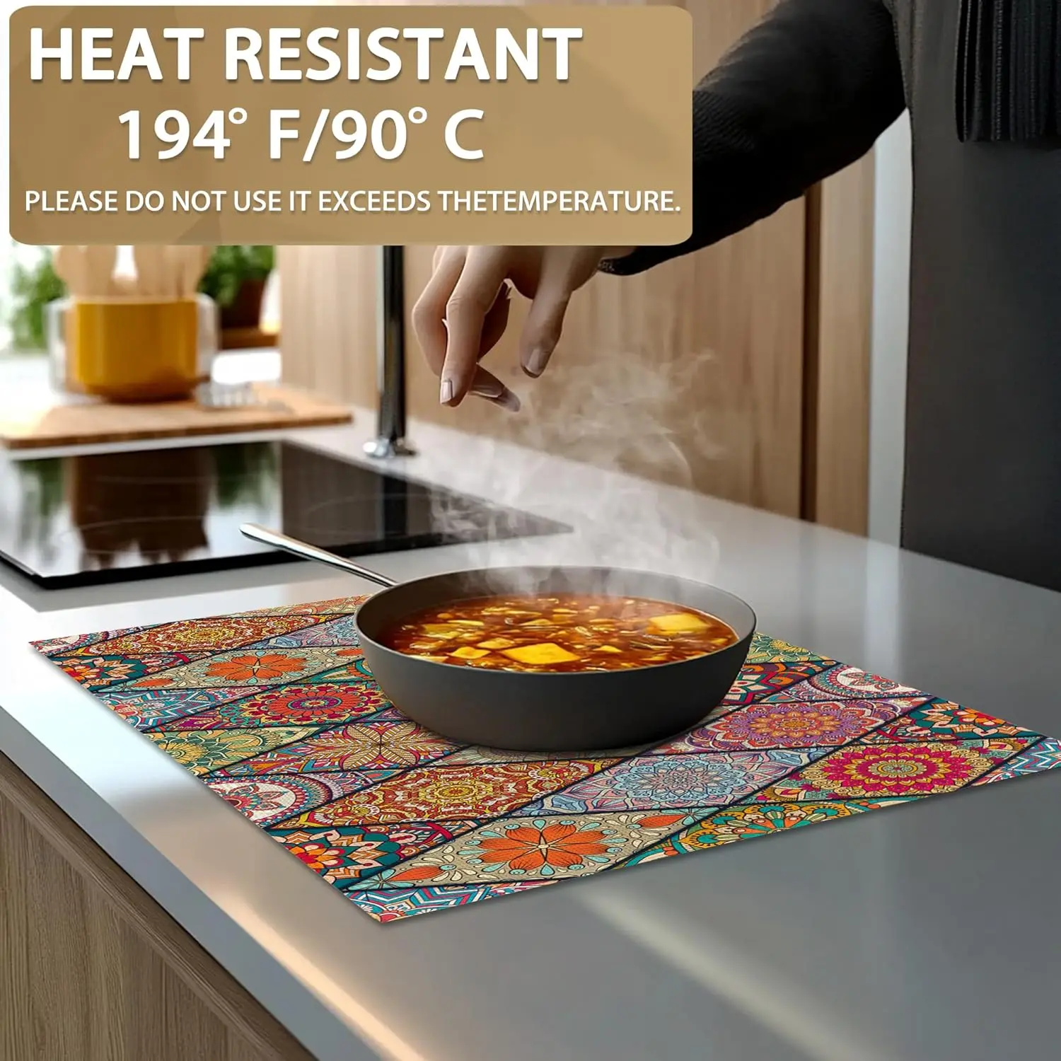 مجموعة من 6 مفارش بوهيمية ملونة قابلة للغسل وغير قابلة للانزلاق ومقاومة للحرارة وسميكة من الكتان المزخرف لطاولة الطعام والمنزل