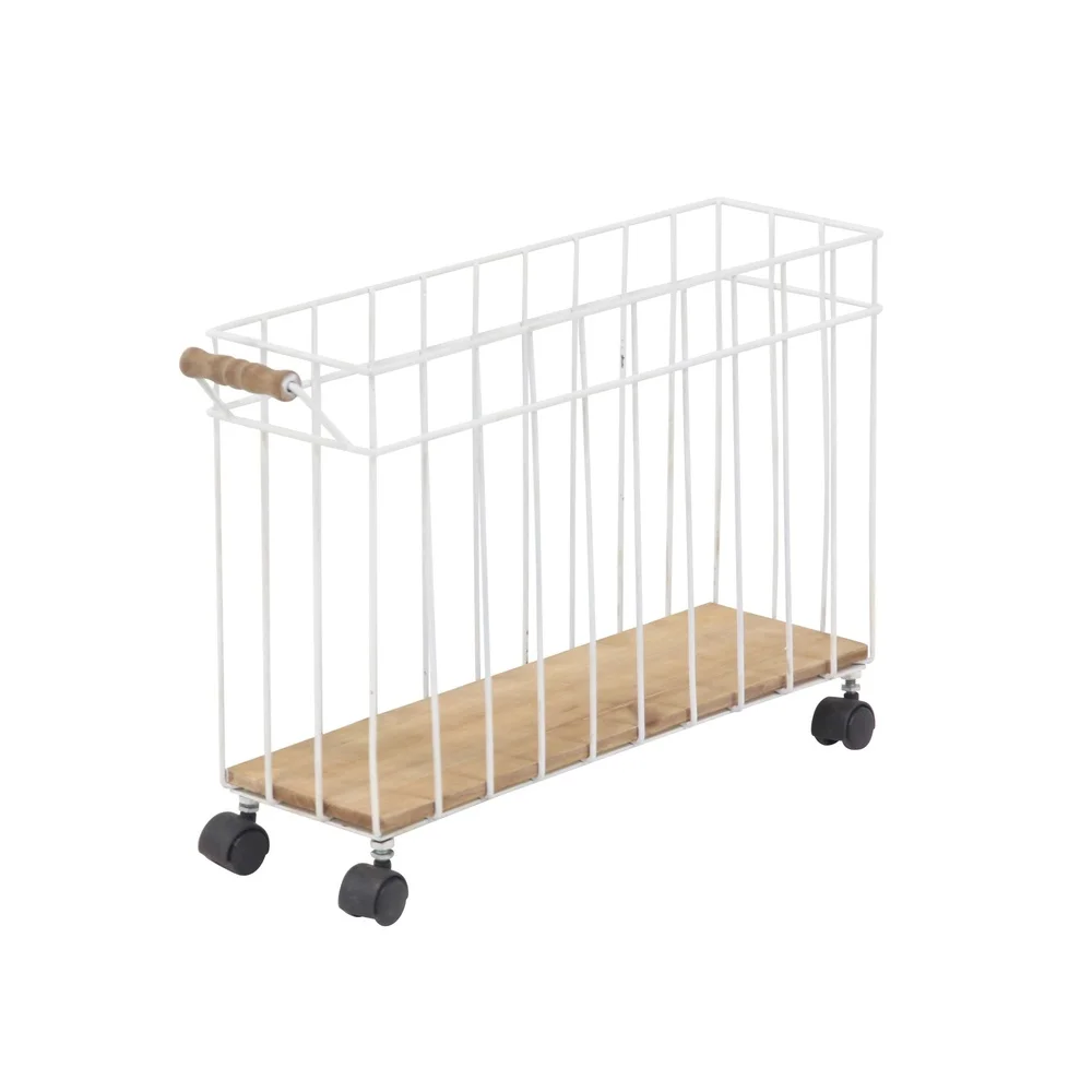 Rustic Wood Metal Magazine Holder with Caster Wheels Portable Storage Basket Home Office Organizing