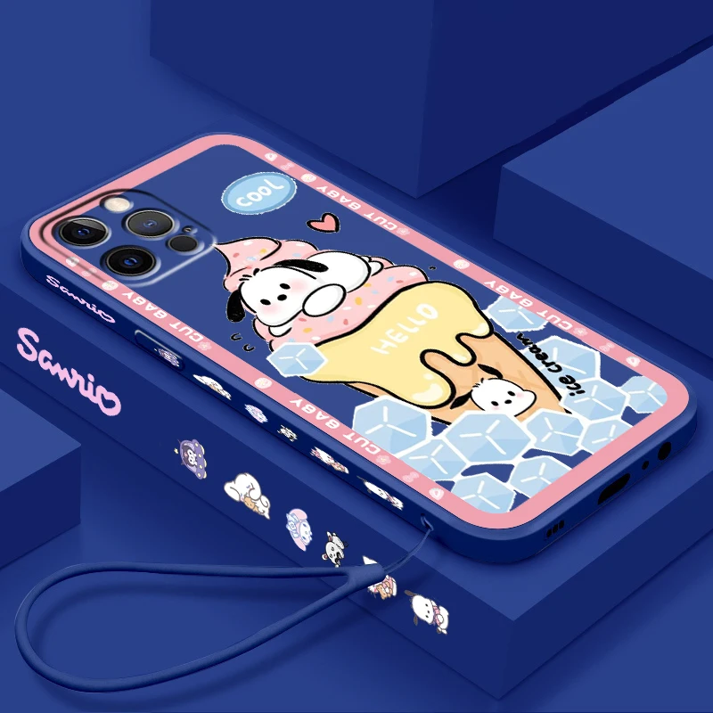 Cute Pachacco Sanrio Comic Liquid Left Rope For Apple iPhone 15 14 13 12 11 XS XR X 8 7 SE Pro Max Plus Mini Back Phone Case