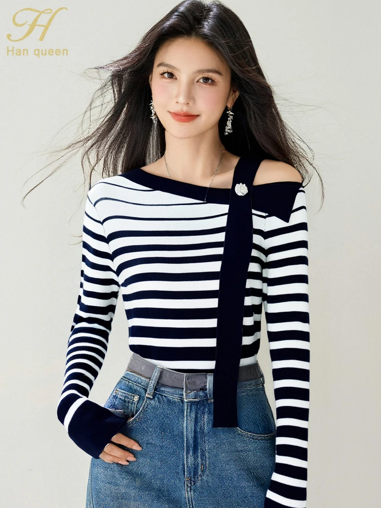 

H Han Queen Autumn Pullovers Fashion Sexy Slash Neck Striped Women's Vintage Casual Long Sleeve Tops Chic Basic Knitted Sweaters