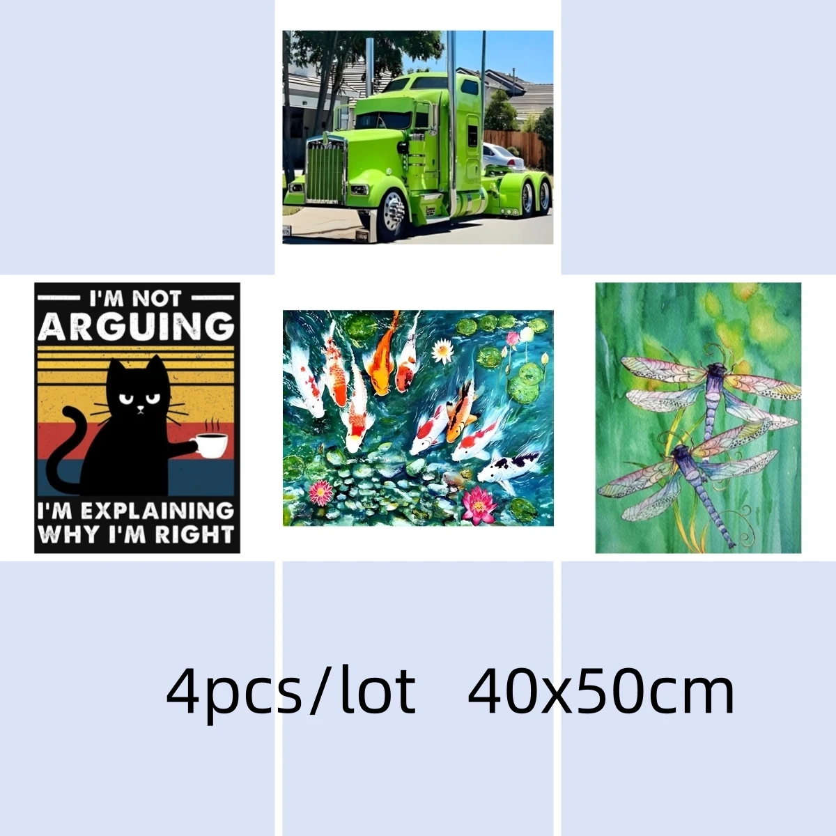 

4pcs/lot 40x50cm Diy Full Square Drill Diamond Painting Canvas Size Green Semi-truck Pond Koi Fish Dragonflies Coffee Cat