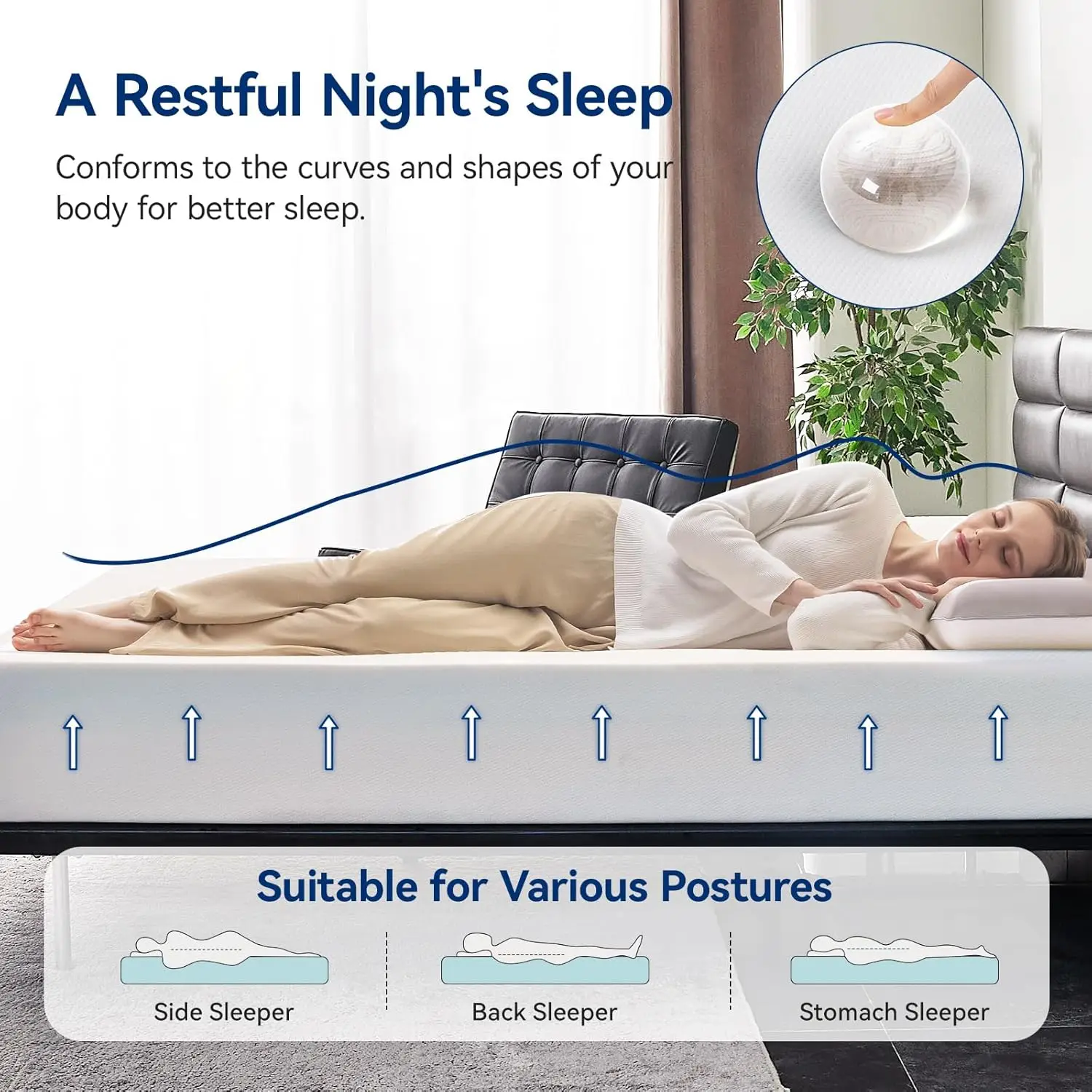 Colchão de espuma viscoelástica, firmeza média, 10 polegadas, Queen, branco/cinza