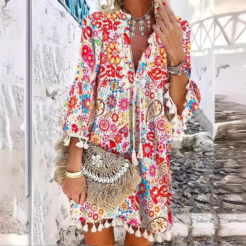 Women's Flower Printed Loose Fitting Shirt Collar Dress