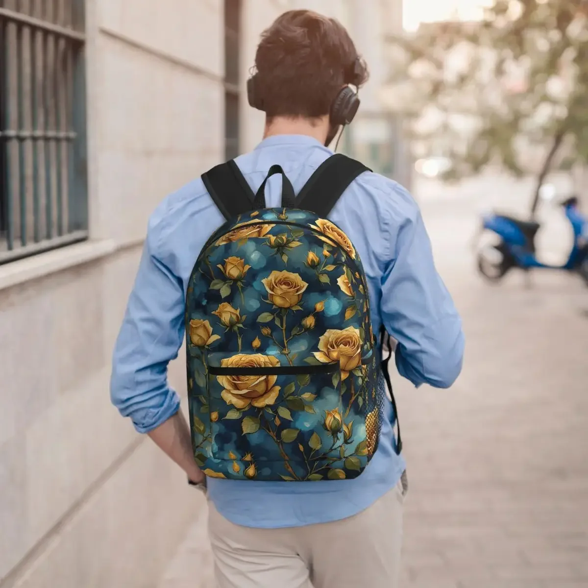 Elegant Yellow Roses On Blue Texture Backpack Boys Girls BookBag Kids School Bag Computer Shoulder Bags for Men Women