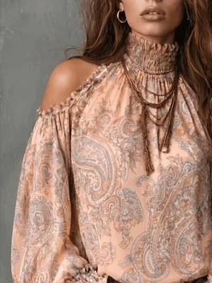 Boho Paisley-Print Chiffon-Top Damen Sexy Off-Shoulder Bluse mit Trompetenärmeln Retro 70er Fairycore Hemden – Detail 7