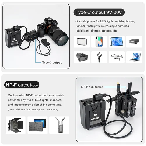 Imagen 2 del producto FOMITO NP-F batería falsa giratoria de doble cara sistema multipuerto batería simulada Monitor de batería Virtual fuente de alimentación de luz LED