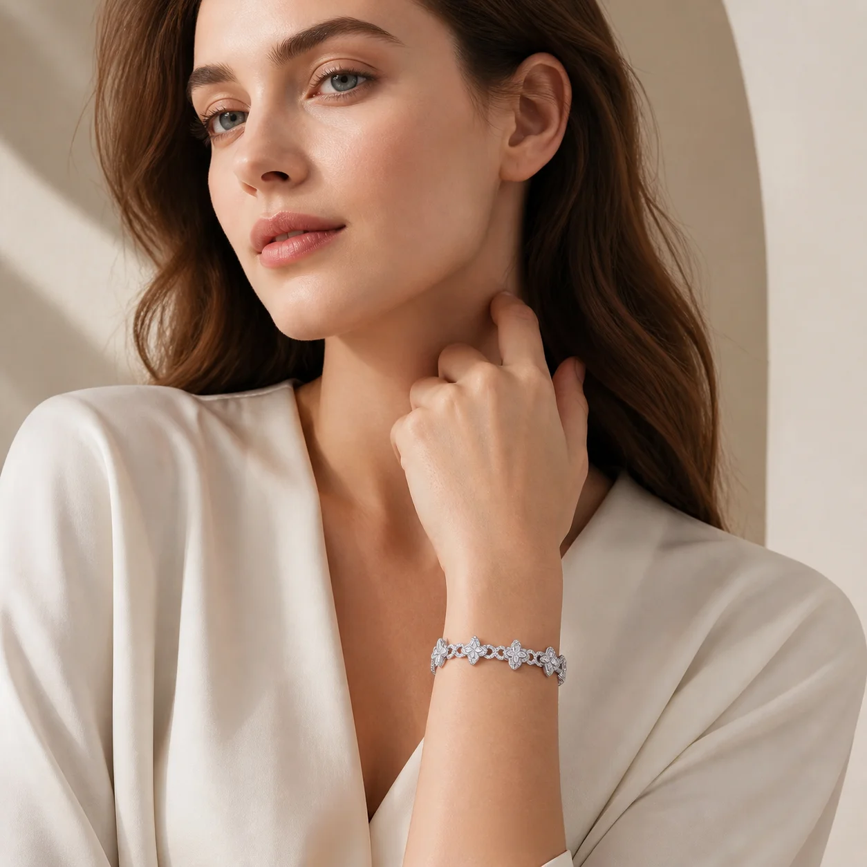 Women Luxury Four Petal Floral Chain Bracelet S925 Silver Full Paved D Color VVS1 Moissanite Fine Jewelry