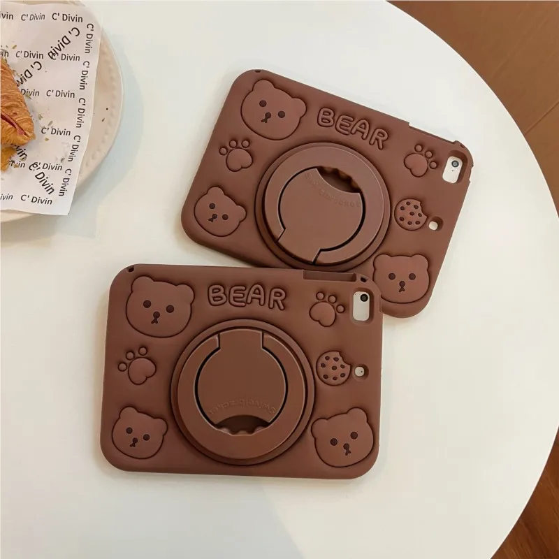 3D Brown Bear Silicone Tablet Case with Stand Shoulder Strap for Samsung Tab A9 A11 8.7in A9 Plus A11 Plus 11in Shockproof Cover