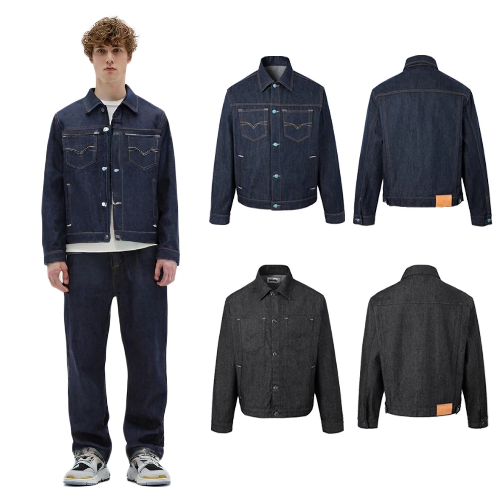 

Streetwear Vintage Clothing Solid Denim Jackets Harajuku Street Style Casual Retro Turquoise Buttons Cotton Denim Coats for Mens