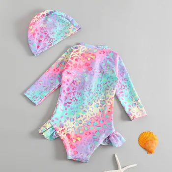 Toddler Girls' Leopard Swimsuit Set with Sun Hat | Ages 1-6 4 Toddler Girls Swimsuit with Sun Hat Set 1 to 2 3 4 5 6 Years Leopard Ruffle Sleeve Zip Up One-pieced Swimwear Beachwear for Baby 4