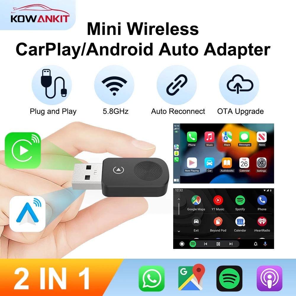

2 in 1 Wireless CarPlay Mini Adapter Android Auto Dongle Plug & Play Smart AI Box Bluetooth for Car KowanKit 2026 New