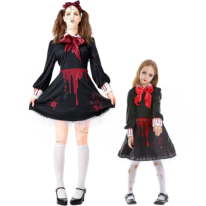 Halloween Carnival Performance Parent-Child Porcelain Doll Red Printed Broken Doll Festival T-shirt Suit Short Skirt