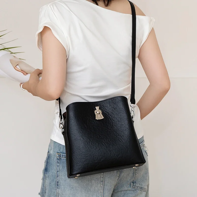 Genuine Cowhide Leather Bucket Shoulder Bag for Women Oil Wax Leather Pebbled Leather Lock Closure Crossbody Handbag Multi Color