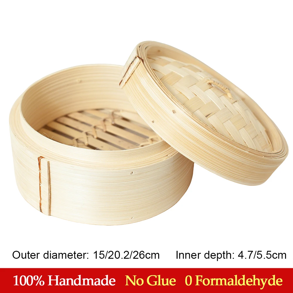 Natural Handmade Bamboo Steamer Basket with Lid Multi Tier Chinese Dim Sum Food Steamer 15/20/26cm Home Kitchen Steam Cooker