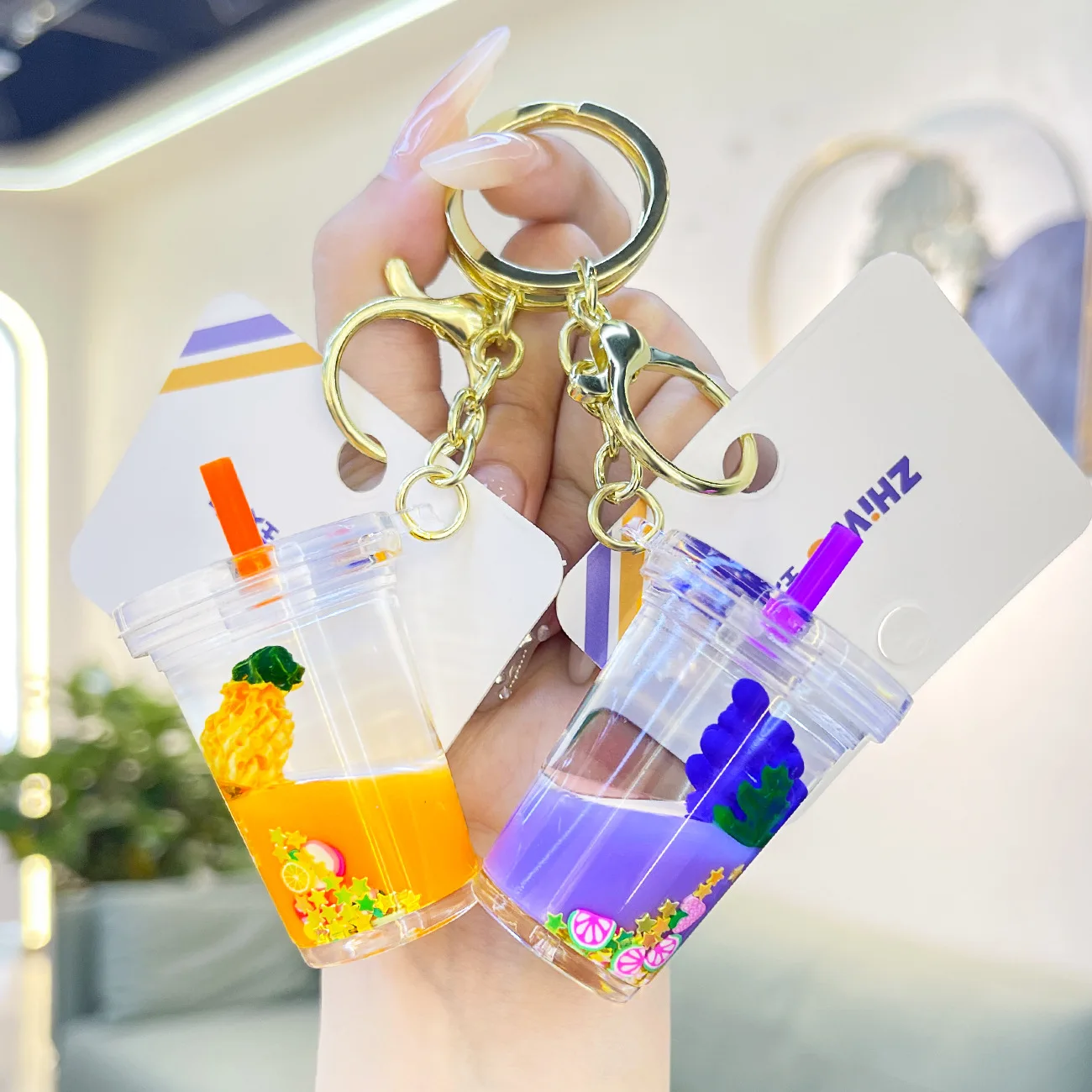 Creative Oil Liquid Fruit Milk Tea Cup Key Chain Simulation Strawberry Grape Watermelon Floating Quicksand Keyring Jewelry Gift