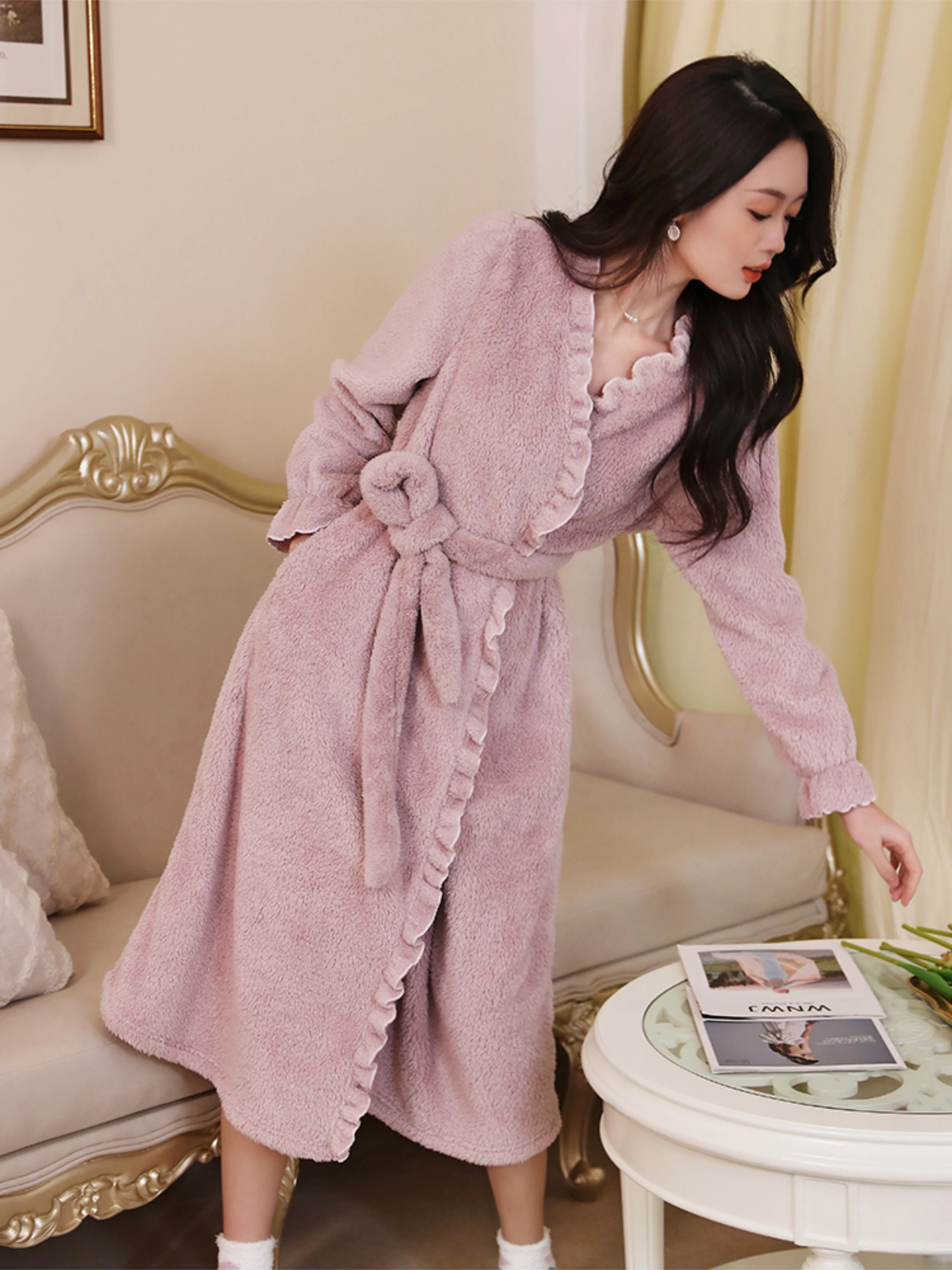 Winter Coral Fleece Robes Women Solid Ruffles Plush Plus Velvet Thicker Sleepwear Soft Comfortable Long Bathrobe Females Simple