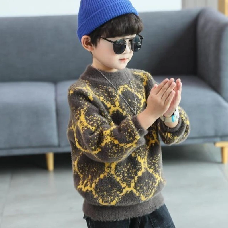 Boys Faux Mink Velvet Sweater Autumn Winter Thick Warm Pullover Kids Fashion Knitwear Casual Base Layer Top