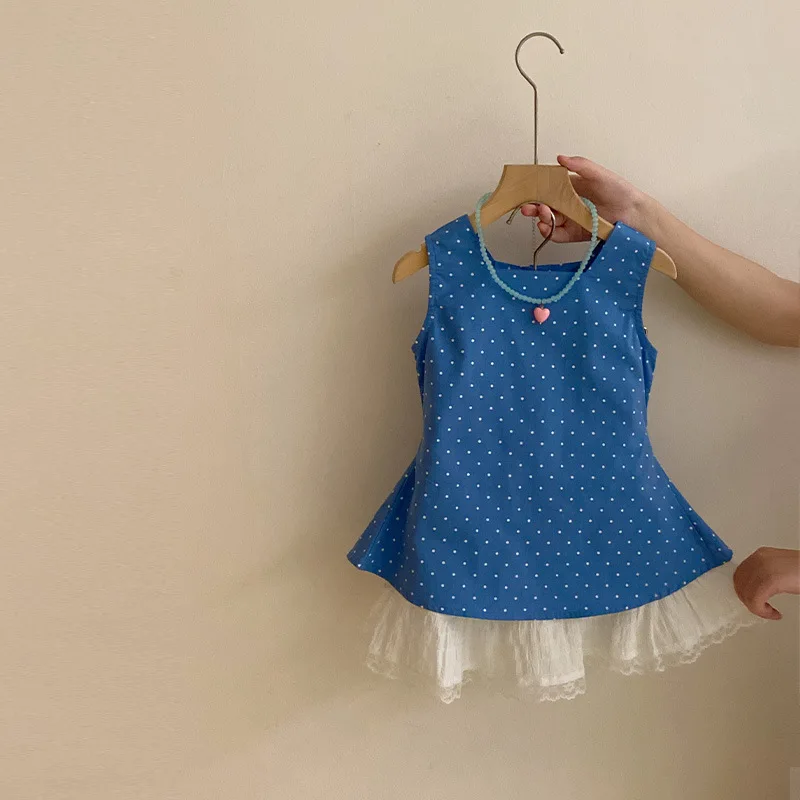 Girls' summer new Korean style polka dot blue sleeveless vest fashionable and versatile lace half body group two-piece set
