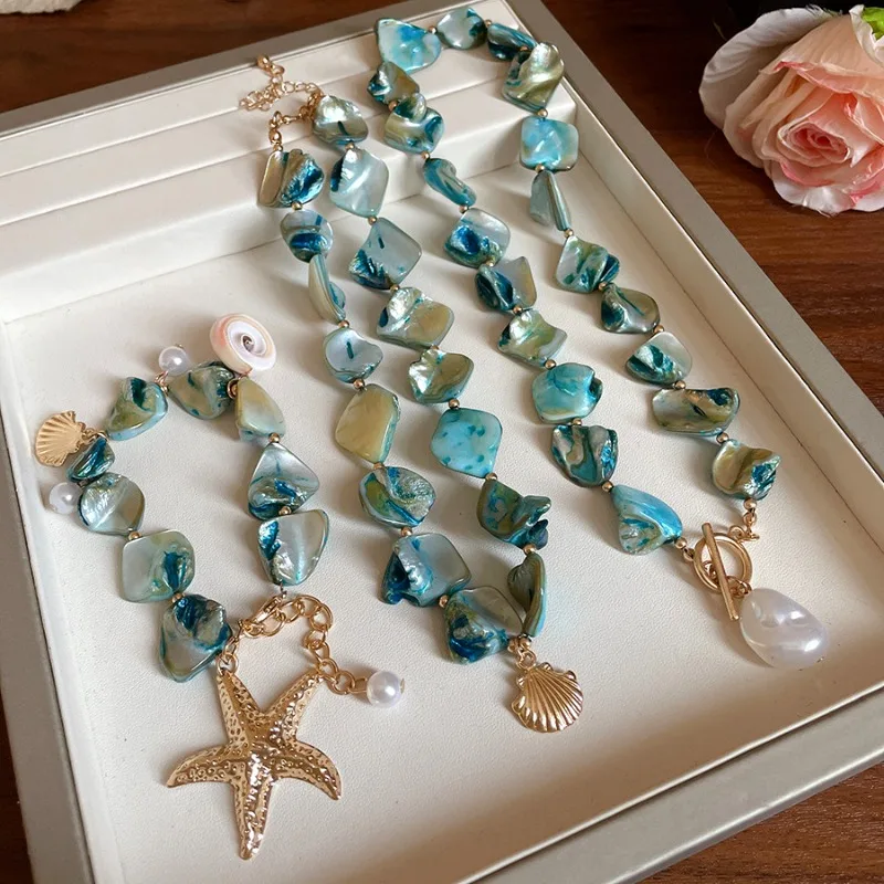 Sea Blue Irregular Starfish Pendant Necklaces for Women Shell Imitation Pearl Choker Necklace Seaside Holiday Collarbone Chain M