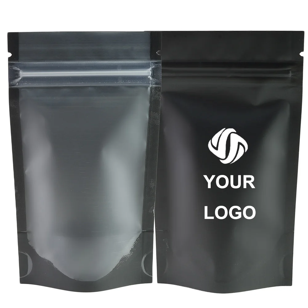 Custom Print Logo Stand Up Ziplock Pouch , Matte Black  Food Business Storage Packing Zip Lock Mylar Doypack with Clear Front