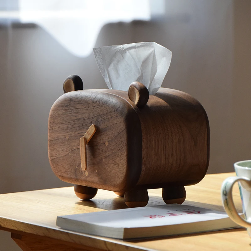 Black Walnut Solid Wood Tissue Box Home Study Desk Clock Paper Drawer Creative Cartoon Tissue Box Home Decoration Accessories