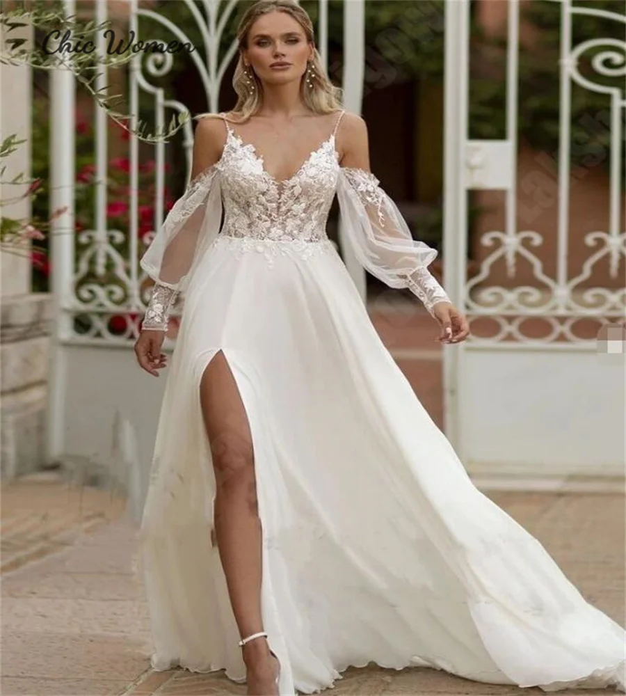 Graceful Bohemian Wedding Dresses Long Sleeve High Slit Chiffon Bride Dress Customized Destination Beach Bridal Gowns