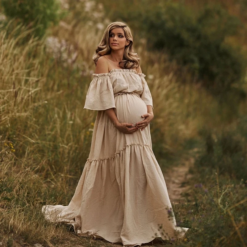 Ropa de maternidad Bohemia para mujer, vestido Retro de manga corta, lino y algodón, cómodo para sesiones fotográficas de maternidad