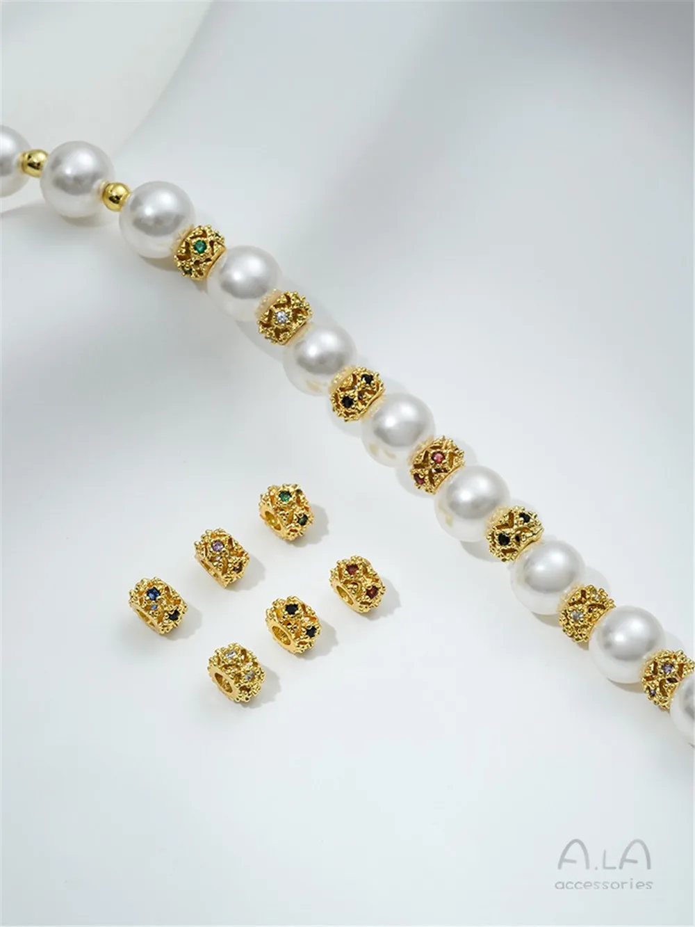 18K Gold Plated Brass Hollow Wreath Spacer Beads Inlaid Multi Color Zircon DIY Bracelet Jewelry Findings