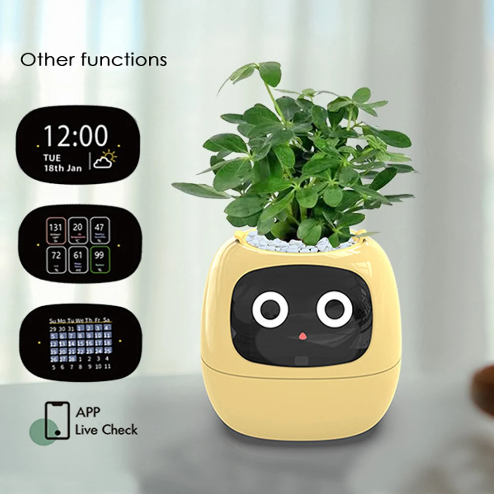 Smart Pet Planter Robot Adorable Plant Companion Smart Planter 7 Smart Sensors Time/Date/Luminance/Moisture Display Planter