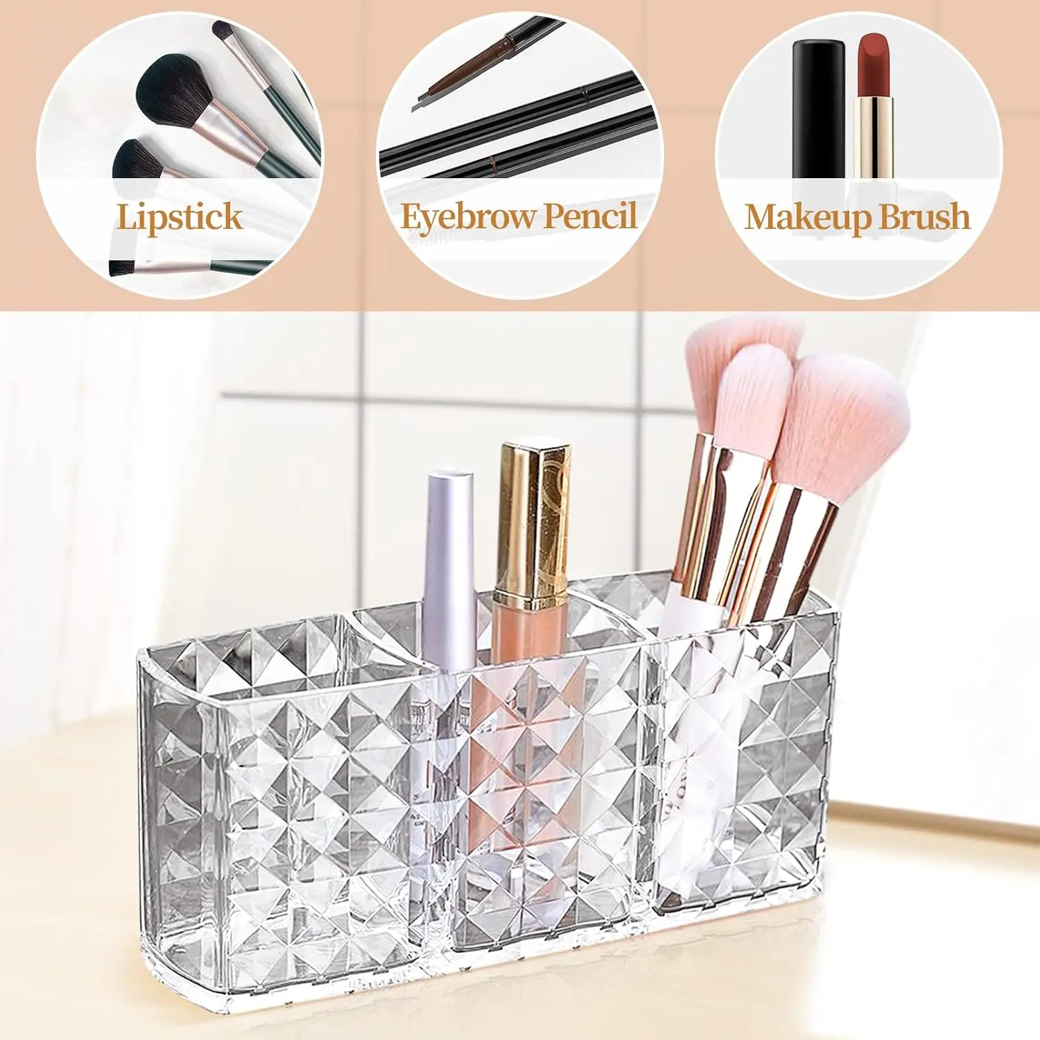 Acrylic Makeup Brushes Holder Pencil Organizer for Desk Storage with Diamond Surface for Cosmetic Eyebrow Pen Lip Gloss Brushes