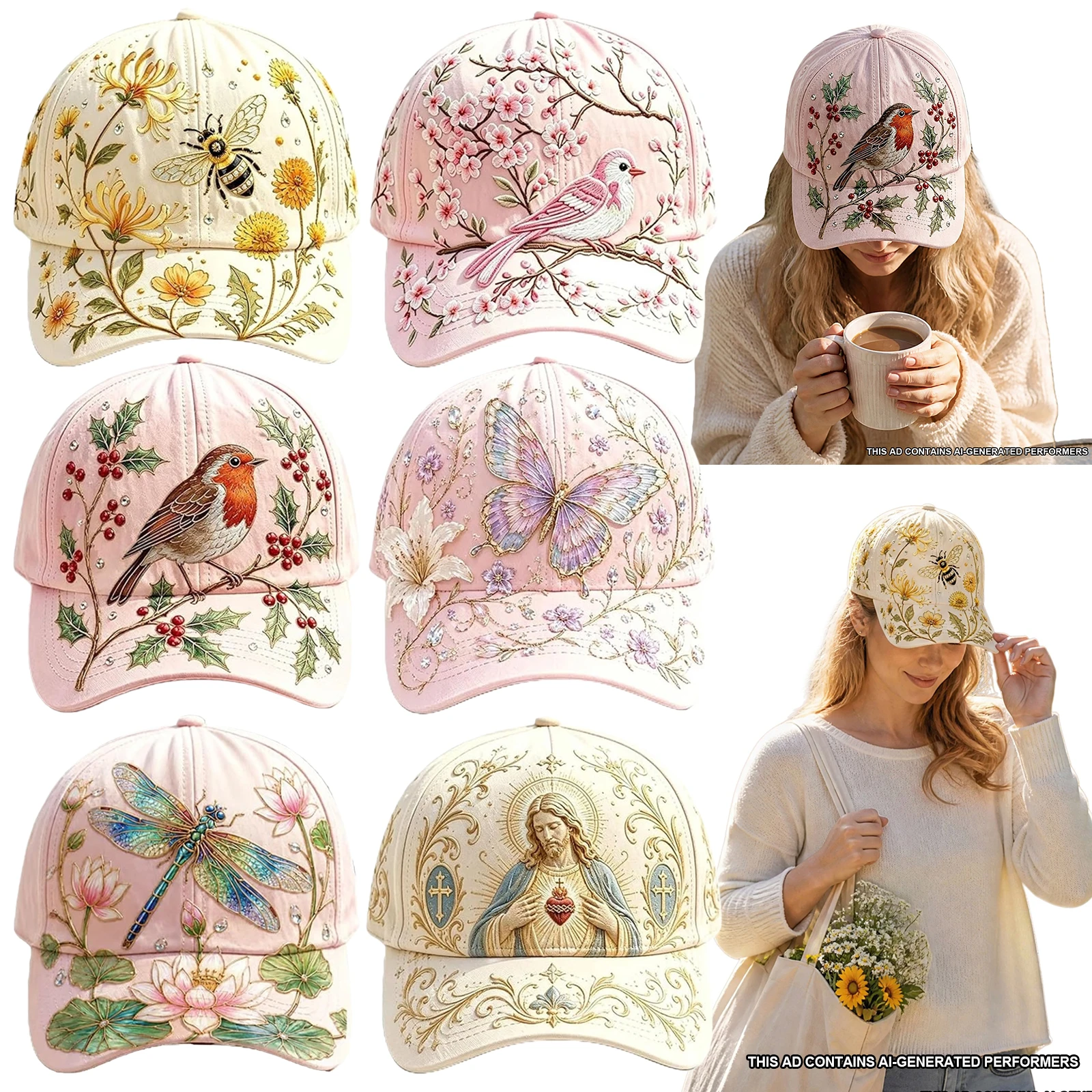 Outdoor Streetwear Cap Female Baseball Cap Fashion Women's Summer Cap Floral Print Trucker Hat With Flowers, Plants, Bird Design