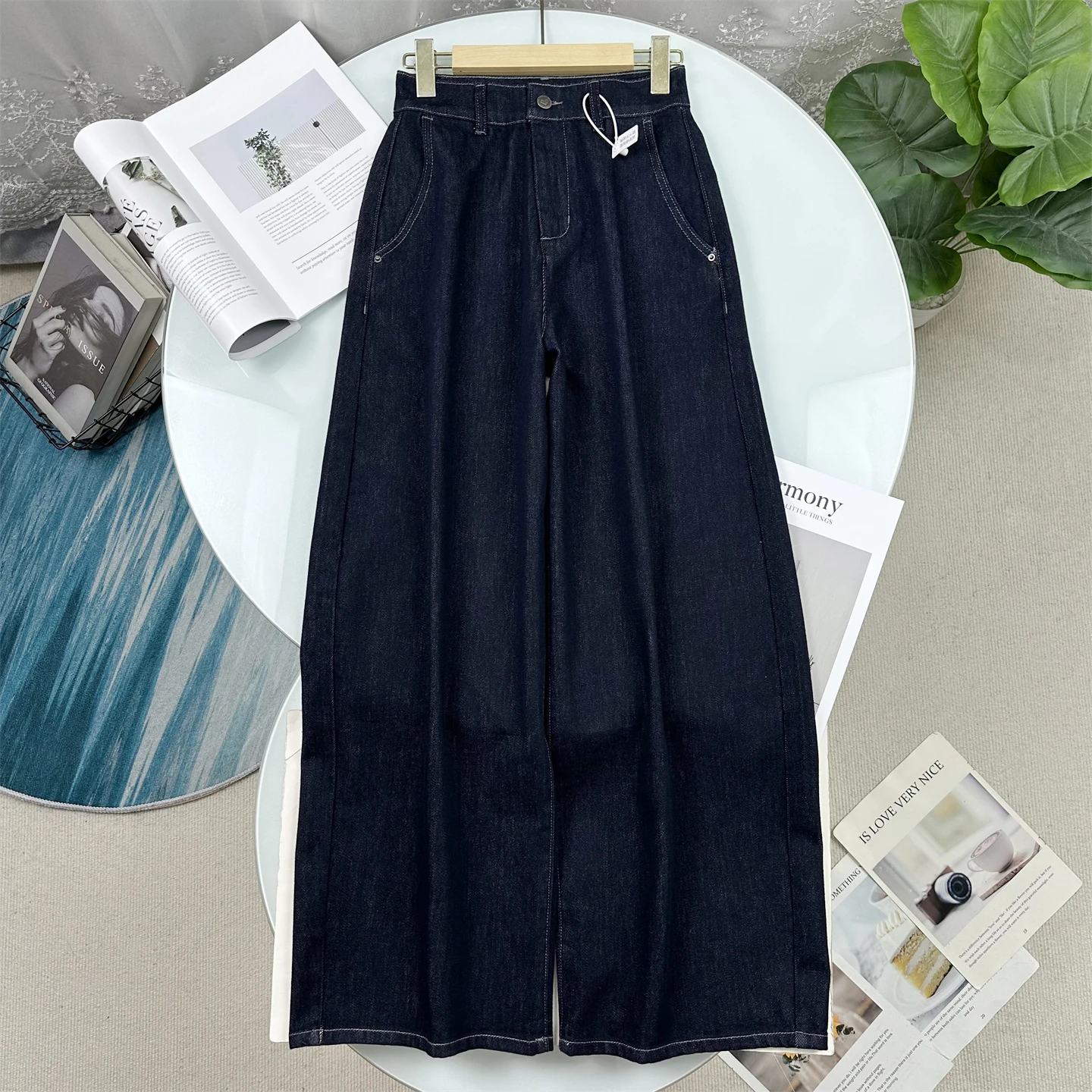 

Джинсы с высокой талией, свободные, широкие, с зауженными штанинами, оригинальные синие, повседневные брюки для женщин, весенний сезон, хлопковая ткань, застежка на пуговицах