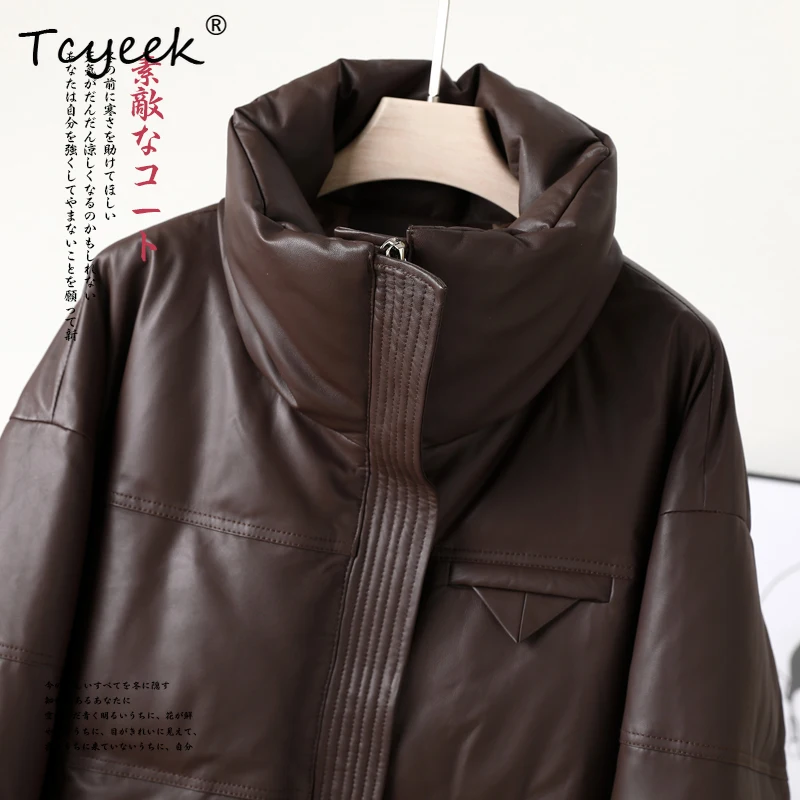 Tcyeek capa superior de piel de oveja auténtica Otoño Invierno moda cuello alto Mujer plumón de ganso blanco Casacas Para Mujer Invierno