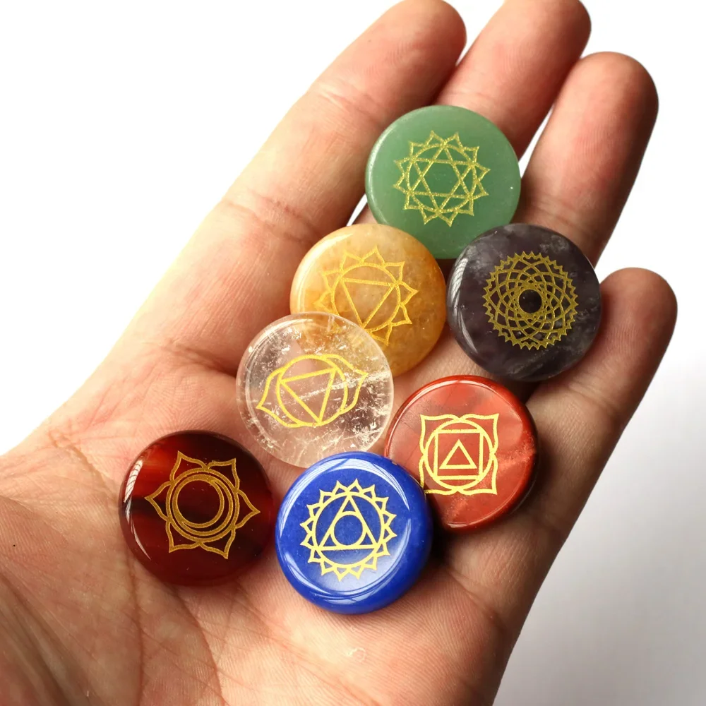 

7pcs Round Shape Chakra Stones with lapis lazuli Engraved Symbols Polished Palm Stone Reiki Crystal Healing Divination Size 25mm