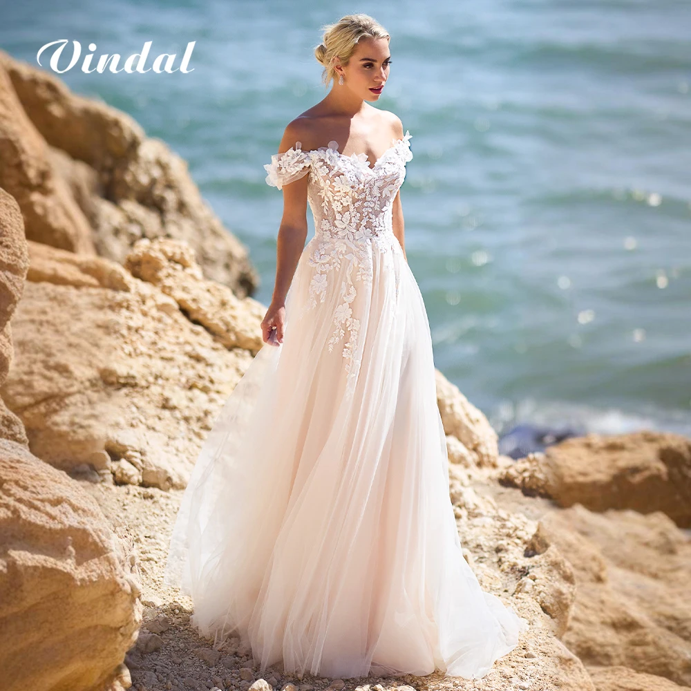 신부를위한 로맨틱한 오프 숄더 라인 웨딩 드레스 꽃 레이스 아플리케 튤 볼 가운 신부 가운 Abito da Sposa 맞춤형
