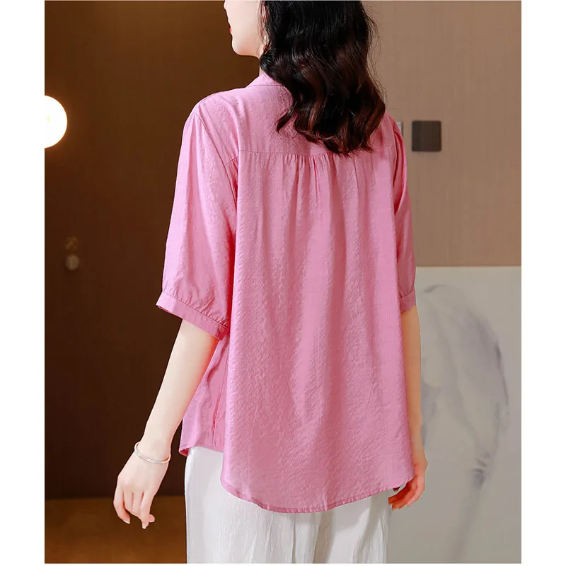 2024 New Women\'s Summer Cotton and Linen Embroidery Splicing Stand Collar Fashion Loose and Versatile Short Sleeve Shirt Tops