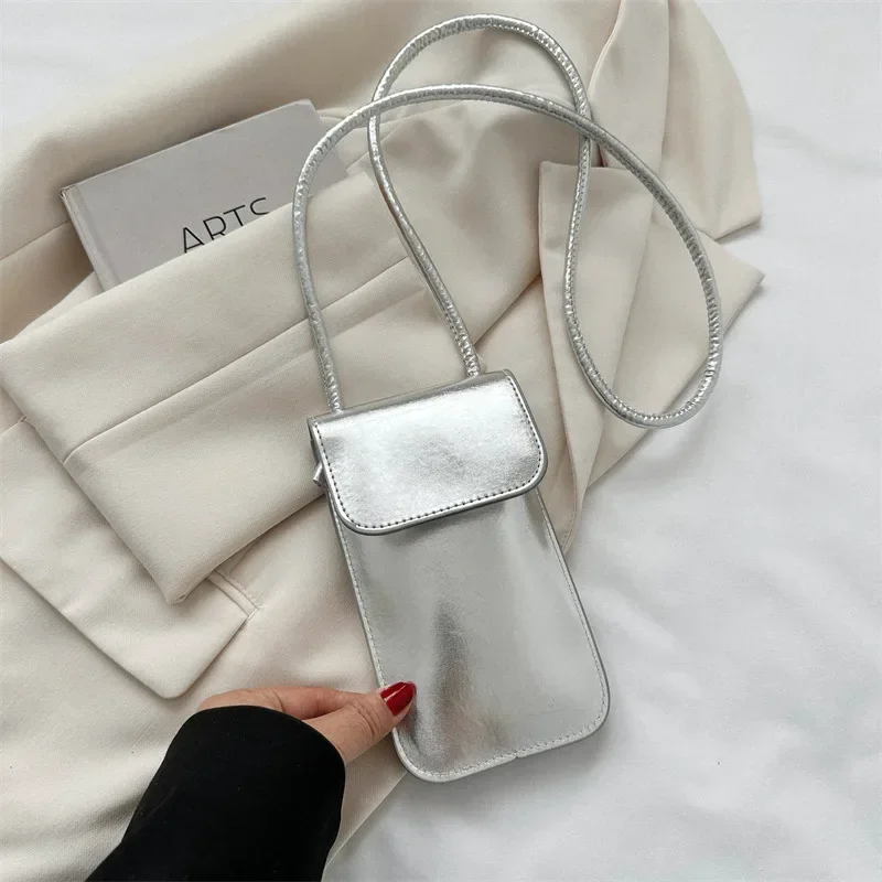 Portable Lipstick Bag Mobile Phone Bag Fashion Versatile Metallic Glossy Shoulder Crossbody for Women Silver Gold PU Mini Bag