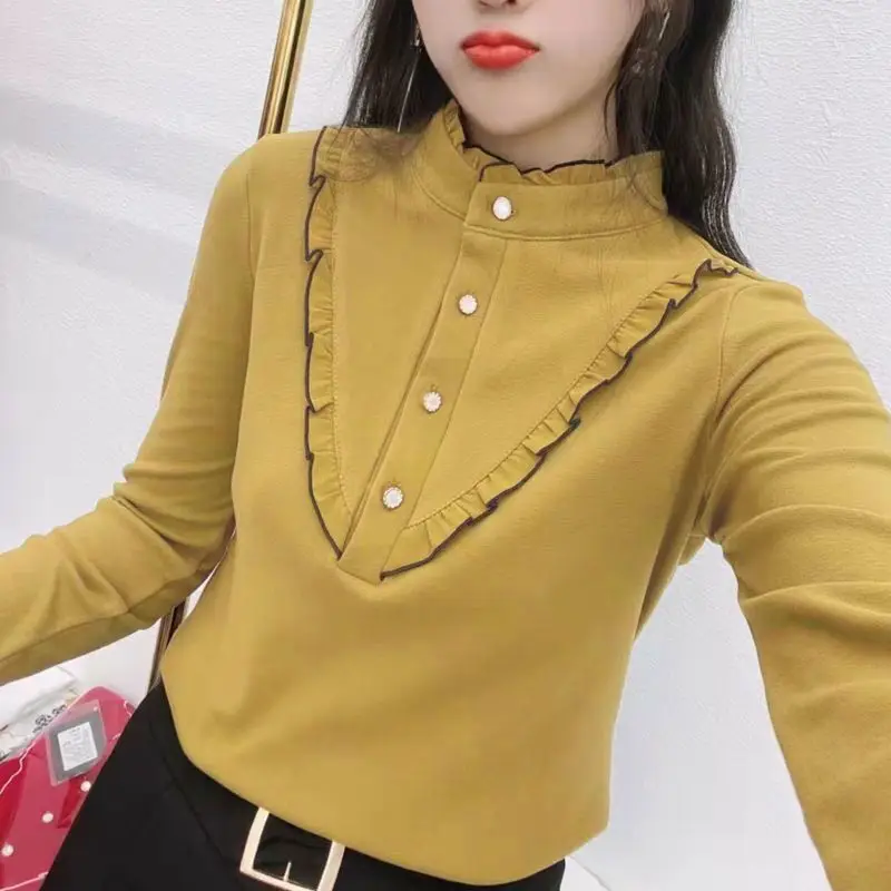 

Autumn Winter Stand Collar Folds Blouse Fashion Button Female Clothing Commute Basic Solid Color Korean Patchwork Straight Shirt