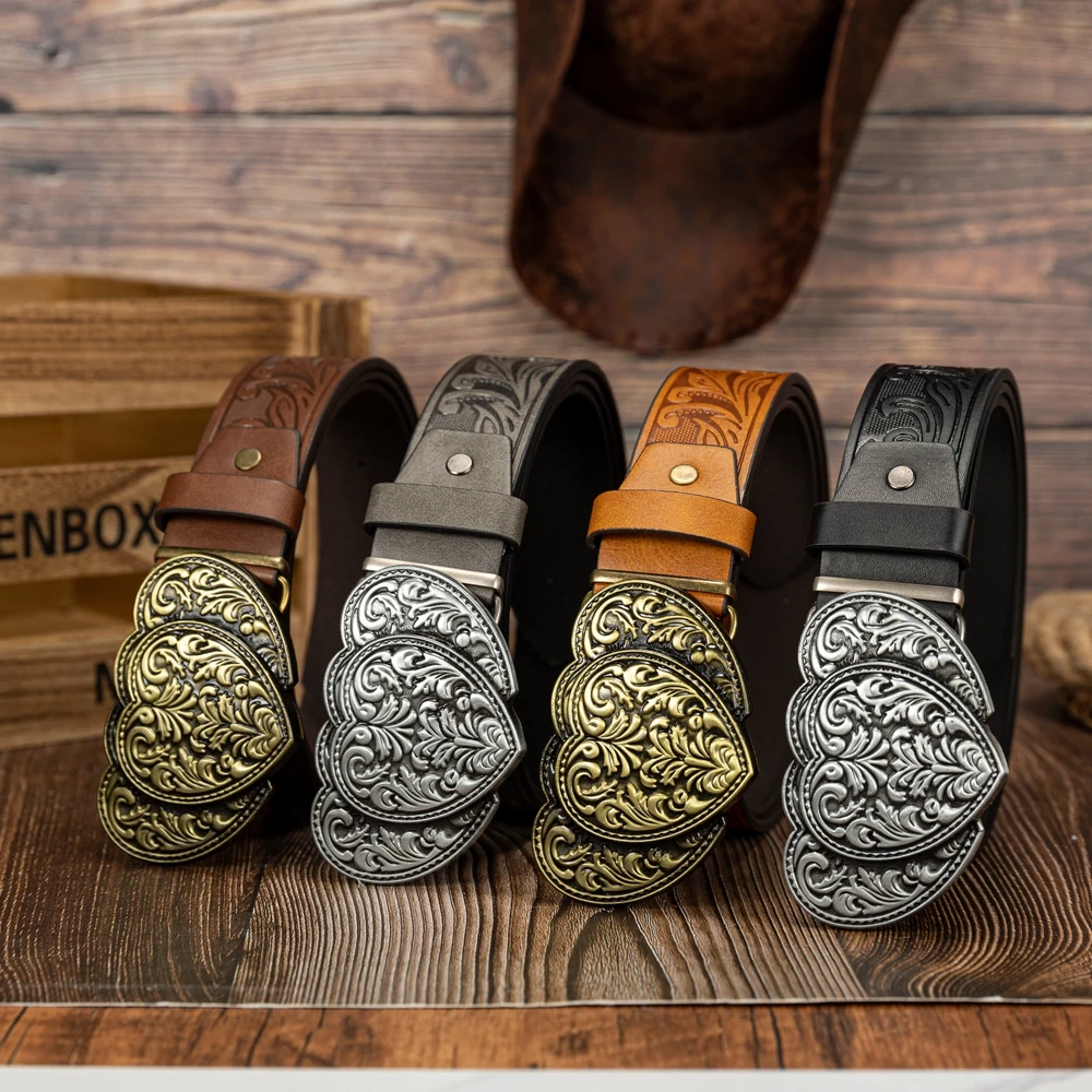 three-dimensional floral pattern carved heart large plate buckle fashionable versatile phoenix tail pattern PU embossed belt