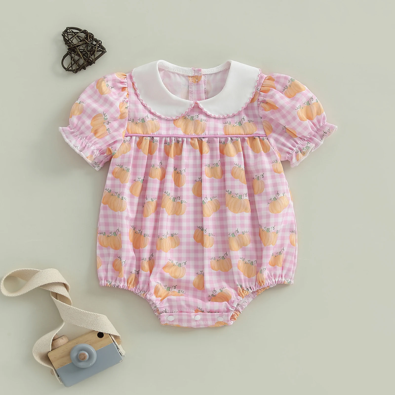 

VISgogo 0-18 Months Baby Girl Pumpkin Print Jumpsuit Short Sleeve Doll Collar Plaid Romper Halloween Clothes