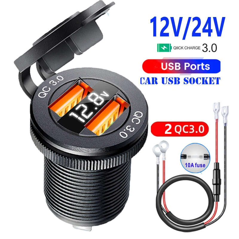 

Car Charger Cigarette Lighter With charging socket voltmeter digital adapter 12V/24V 36W QC 3.0 Dual USB Socket Power Socket