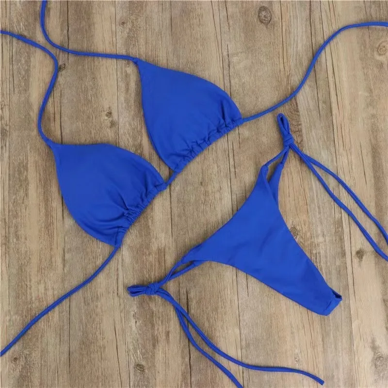 Conjunto de Bikini con Tanga para mujer, bañador Sexy con lazo lateral, traje de baño brasileño de estilo vendaje, ropa de baño de playa de Color sólido 2022