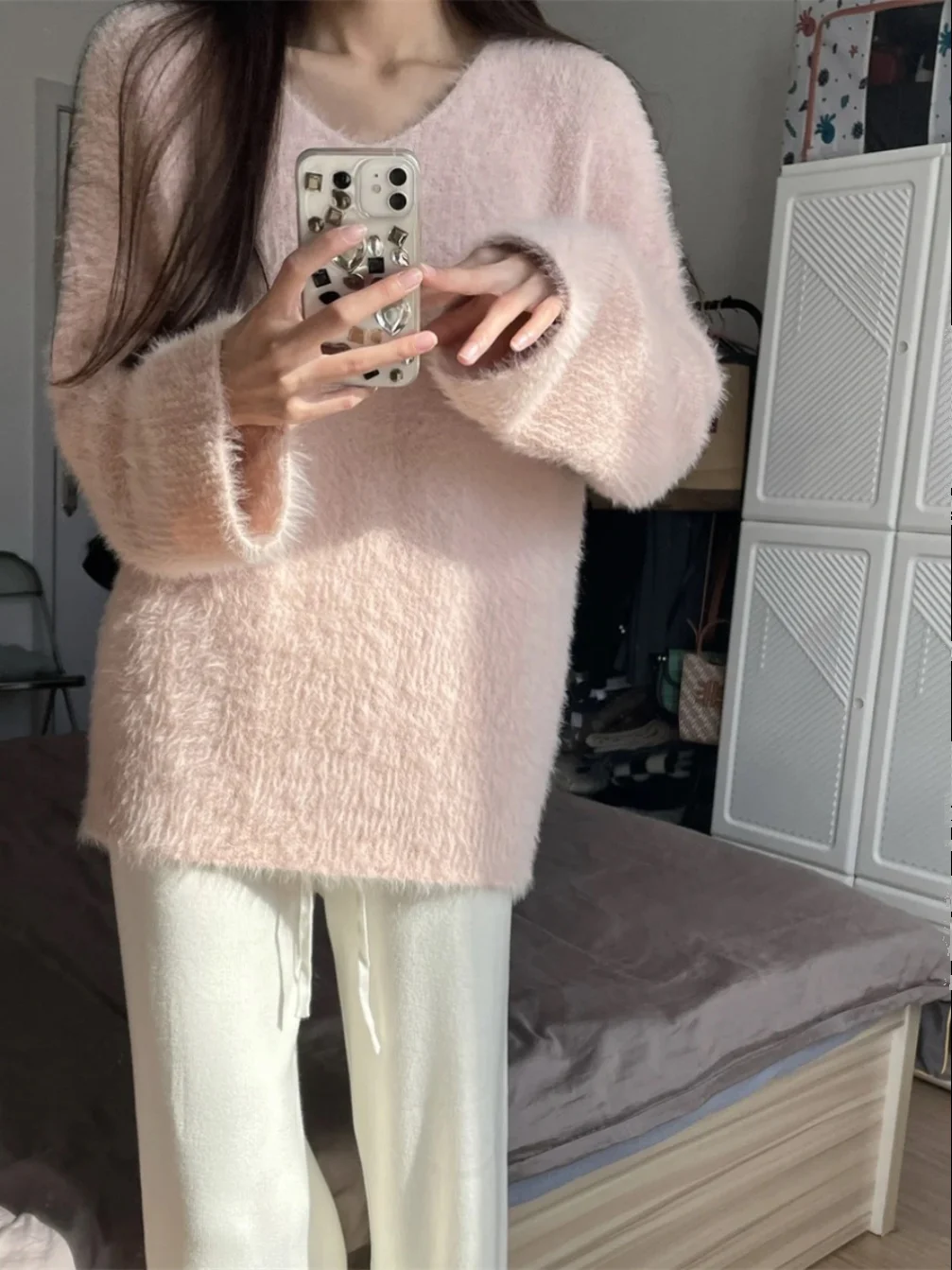 Thiened Long Hair Soft Velvet Knitted Loose Sweater Overhead Pure Color Women's Faion Commute Sle Regular Sve Long S...