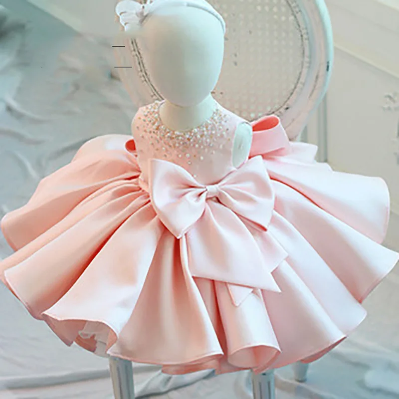 Rosa weiße Perlen Satin Puff Baby Blumen mädchen Kleid für Hochzeit blaue Minze Geburtstag zeremonielle Tutu Ballkleid für Kleinkind Kinder – Detail 8