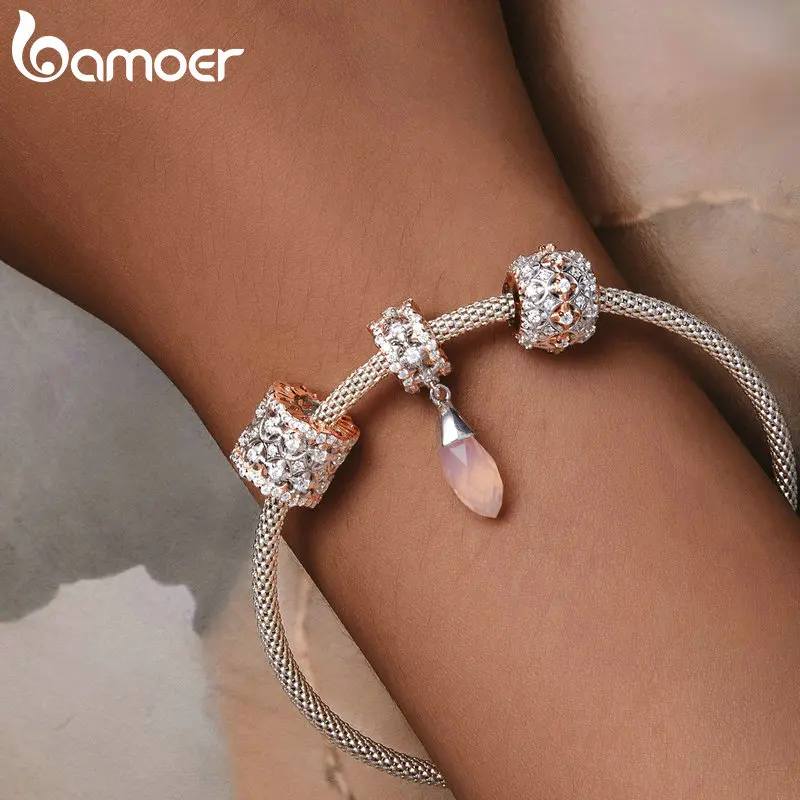 Bamoer 925 Sterling Silver Luxury Zircon Hollowed-out Heart Charm Rose Gold Plated Autumn Bead for Women Bracelet and Bangle DIY